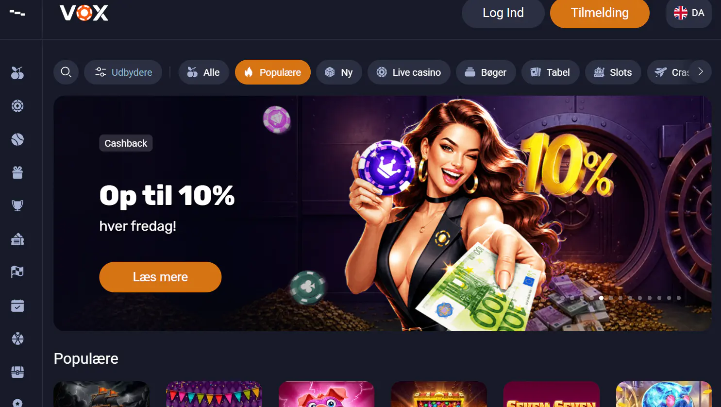 Skærmbillede af den aktuelle Vox Casino brugerflade